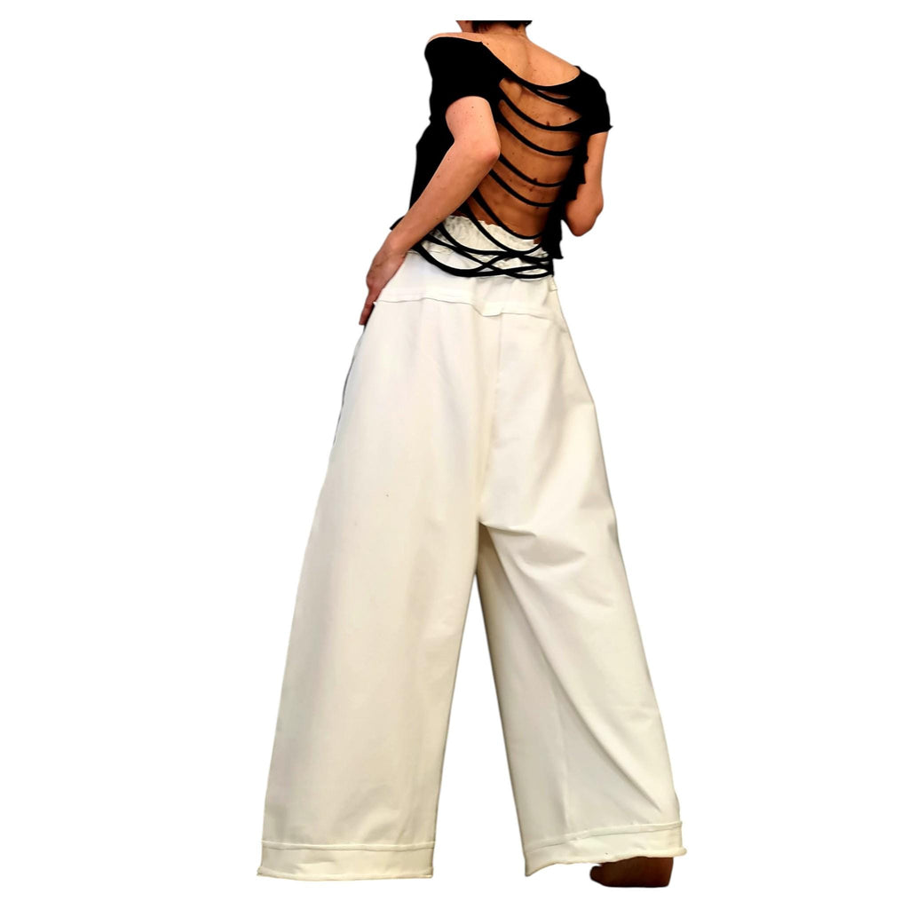 Ivory French Terry Wide Leg Pants, Relaxed Cotton Trousers, Elastic Waist