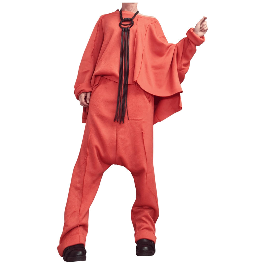 Orange Knit Deep Drop Crotch Harem Pants, Oversized Asymmetrical Blouse, Raw Edges, Co-Ord Set