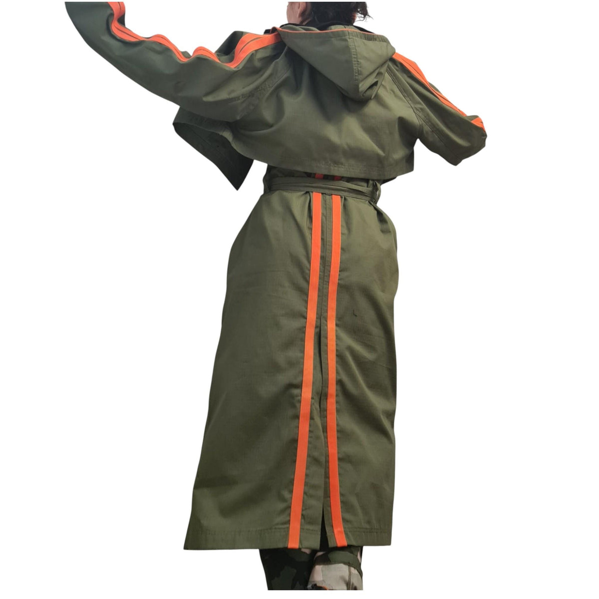 Military Green Hooded Two-Piece Set, Belted Maxi Vest and Cropped Jacket, Orange Stripes