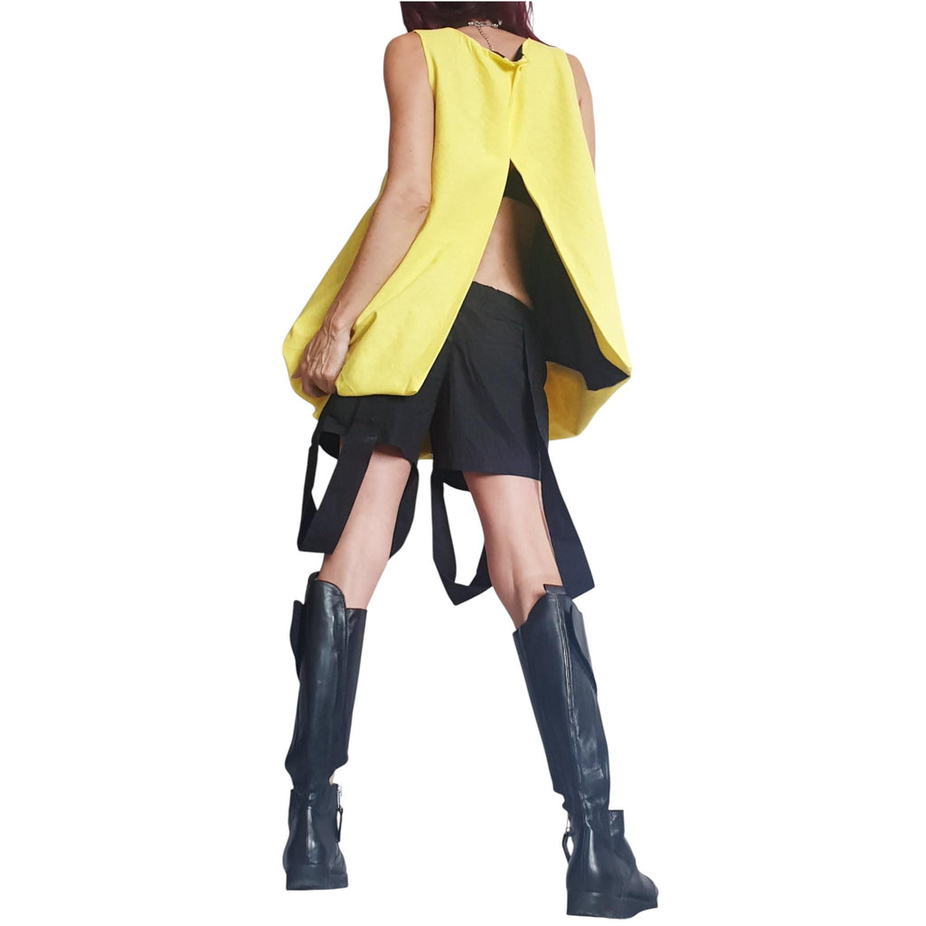 Yellow Linen Tunic, Sleeveless Asymmetric Top, Open Back Loose Fit, Oversized