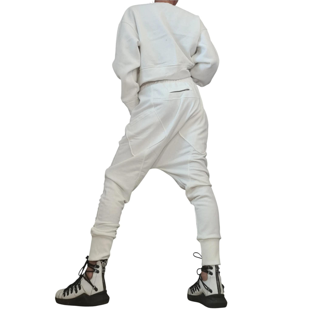 White Cotton Drop Crotch Harem Pants, French Terry Blouse Set