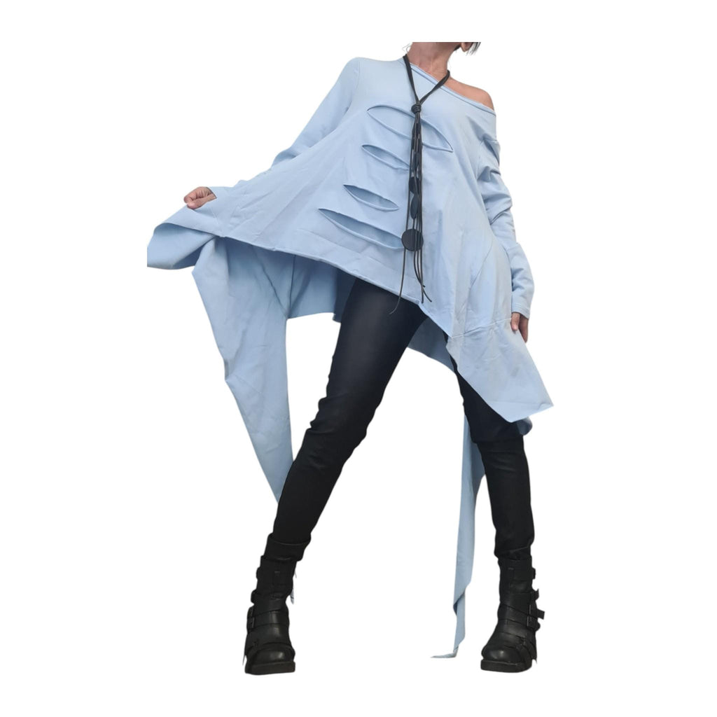 Avant Garde Light Blue Cotton Tunic, Deconstructed Asymmetric Top, Loose Oversize Blouse, Long Sleeve