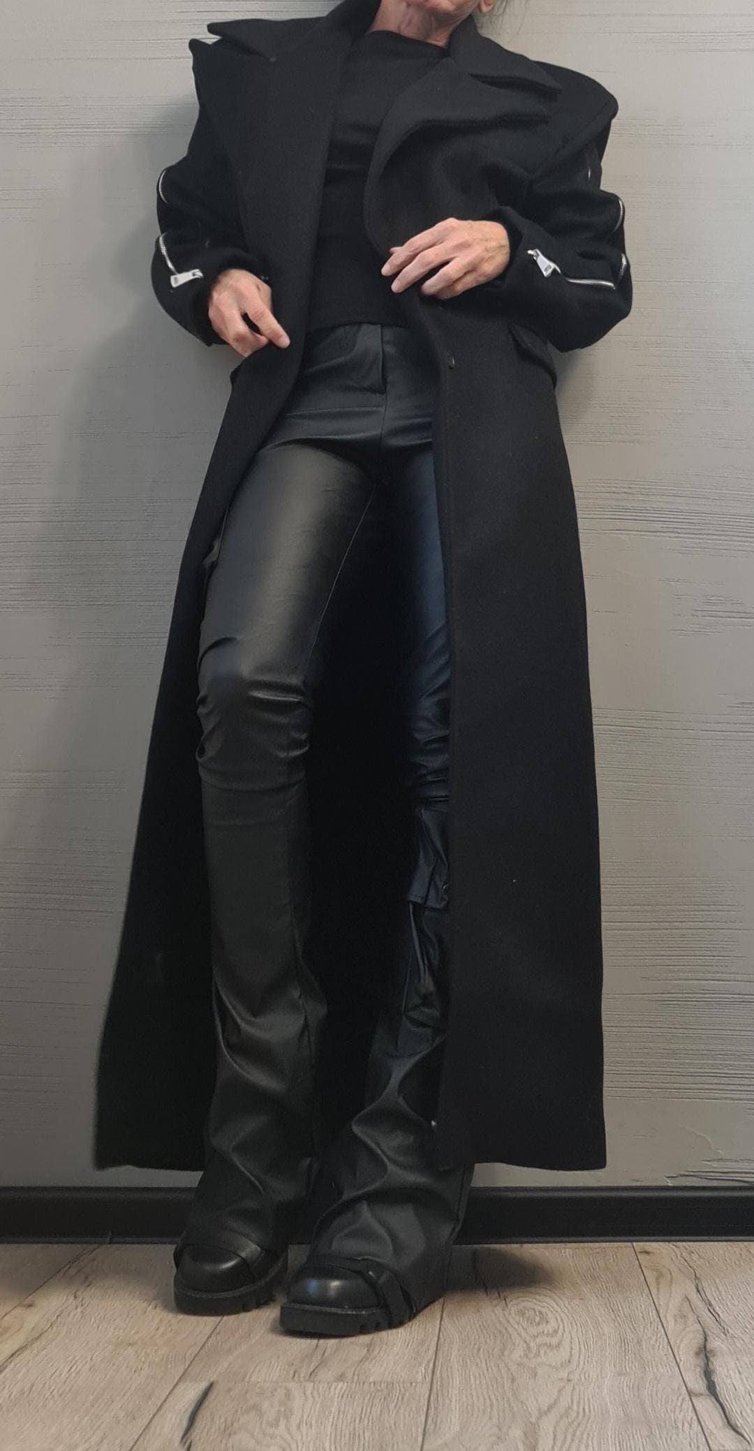 Black Fitted Maxi Coat, Plus Size Long Jacket, Oversized Lapels and Slit Sleeves