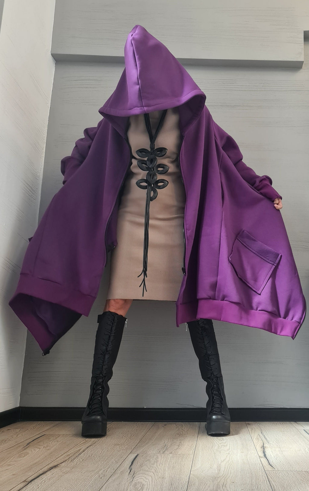 Purple Asymmetric Hooded Sweatshirt, Oversized Cotton Jacket, Longline Zip Up Hoodie