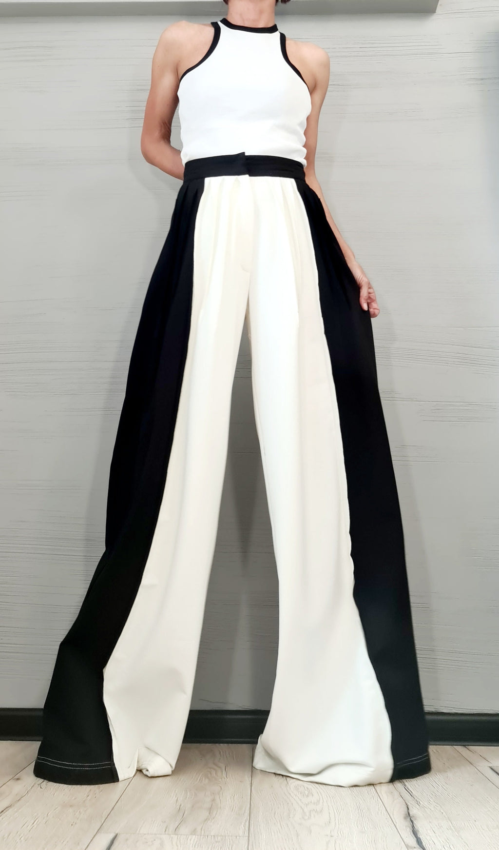 Black White French Terry Pants, Drop Crotch Trousers, Wide Leg Design