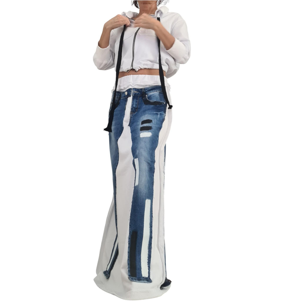 Avant-Garde White Cotton Denim Maxi Skirt, Plus Size Asymmetrical Skirt, Raw Seams, Deconstructed Silhouette