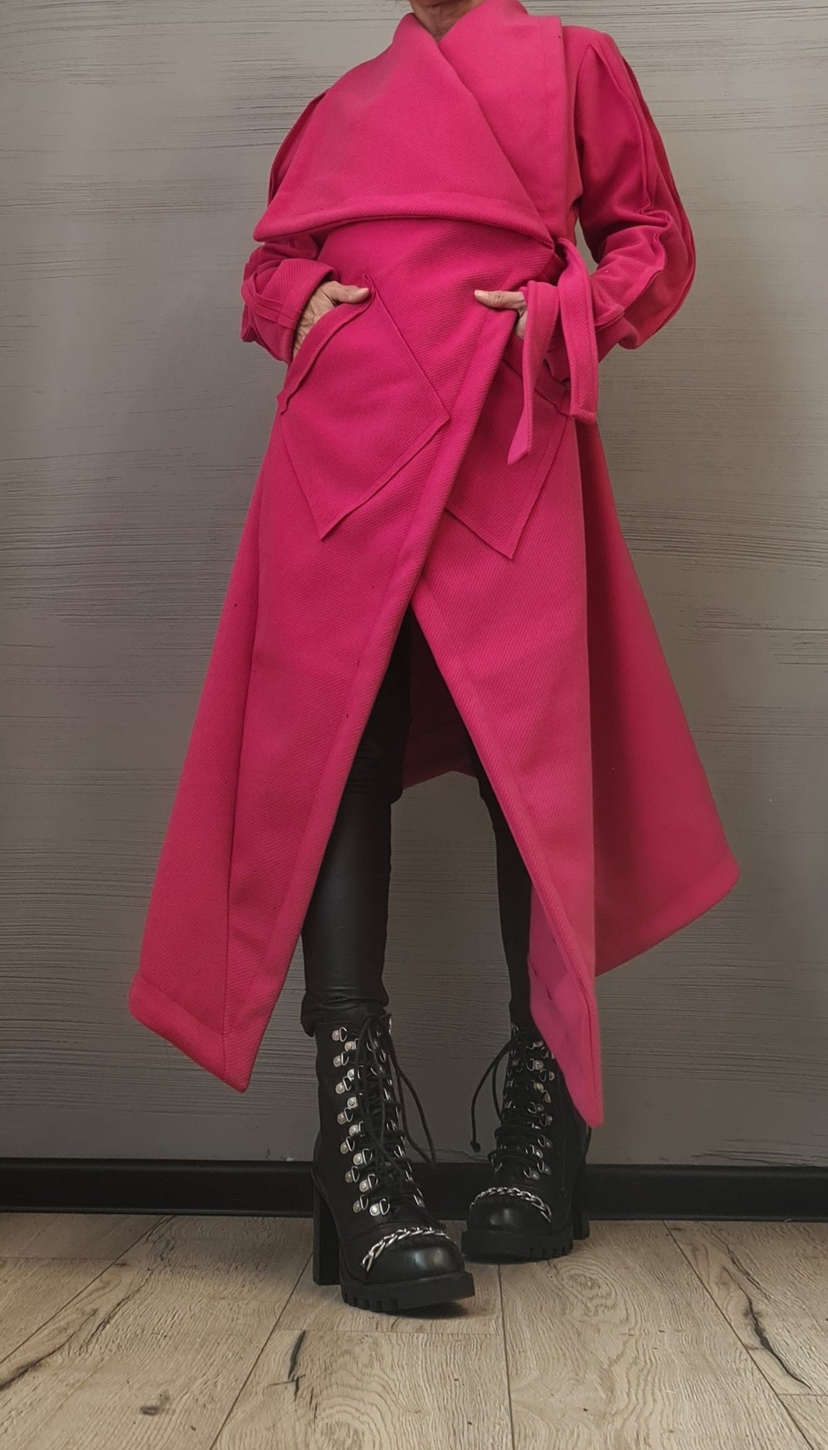 Hot Pink Asymmetric Wrap Coat, Plus Size Long Jacket, Short Back and Tie Belts