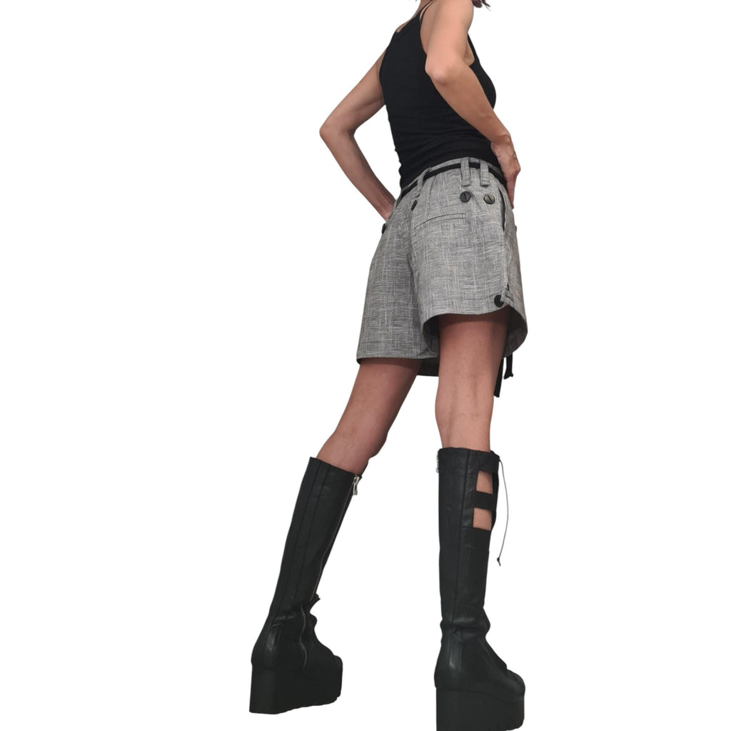 Grey Linen Wide Shorts for Women, Avant Garde Urban Loose Fit Pants