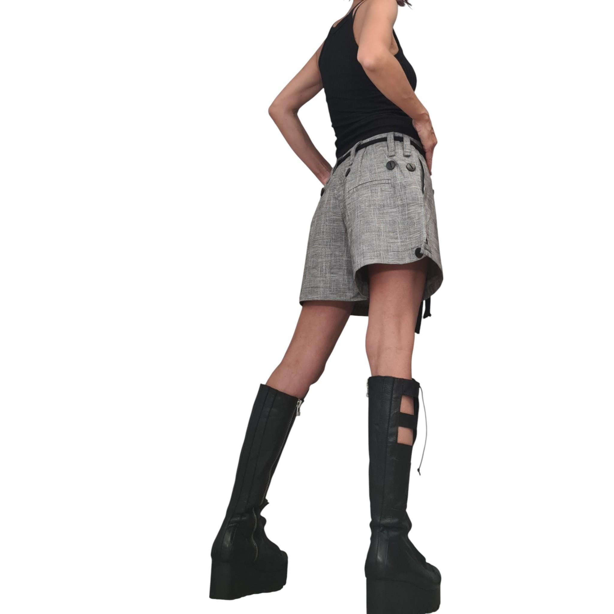 Grey Linen Wide Shorts for Women, Avant Garde Urban Loose Fit Pants