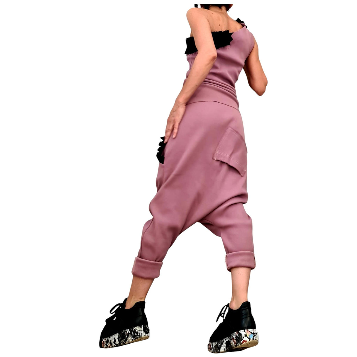 Dusty Rose Cotton Drop Crotch Harem Pants, One-Shoulder Ribbed Top, Black Trim, Co-Ord Set