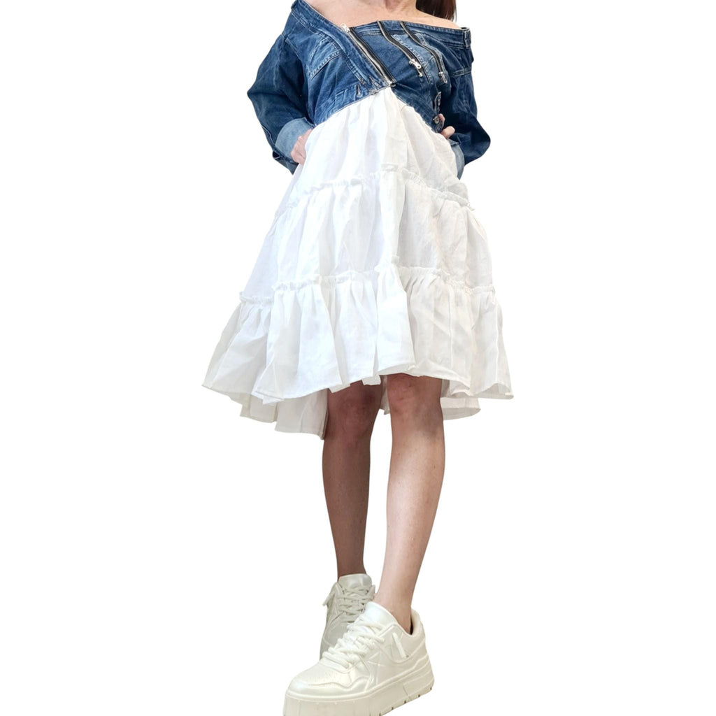 White Linen Dress with Denim Top, Off Shoulder Asymmetric Ruffle Dress