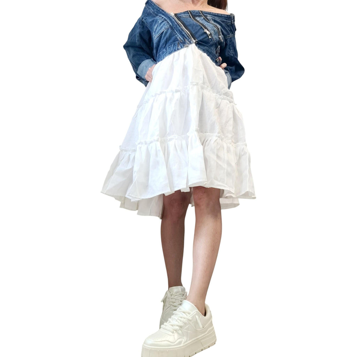 White Linen Dress with Denim Top, Off Shoulder Asymmetric Ruffle Dress