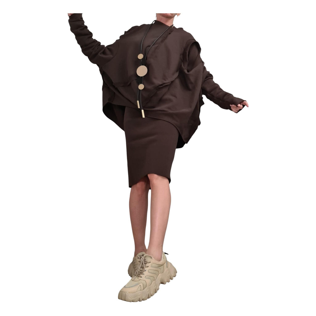 Brown Cotton Bodycon Midi Dress, Oversized Deconstructed Tunic with Detachable Sleeves, Two-Piece Co-Ord Set