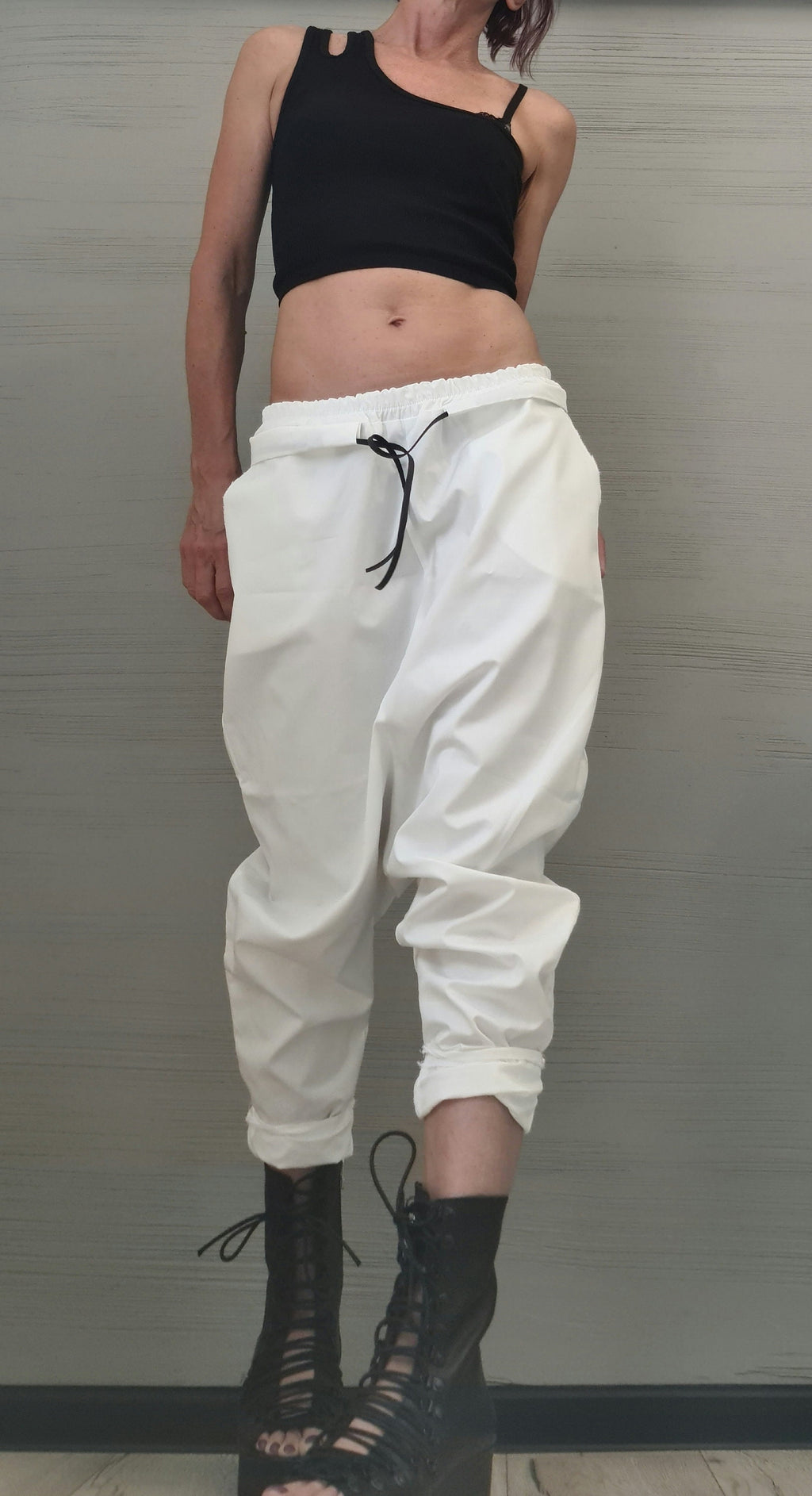 White Cotton Harem Trousers, Drop Crotch Pants