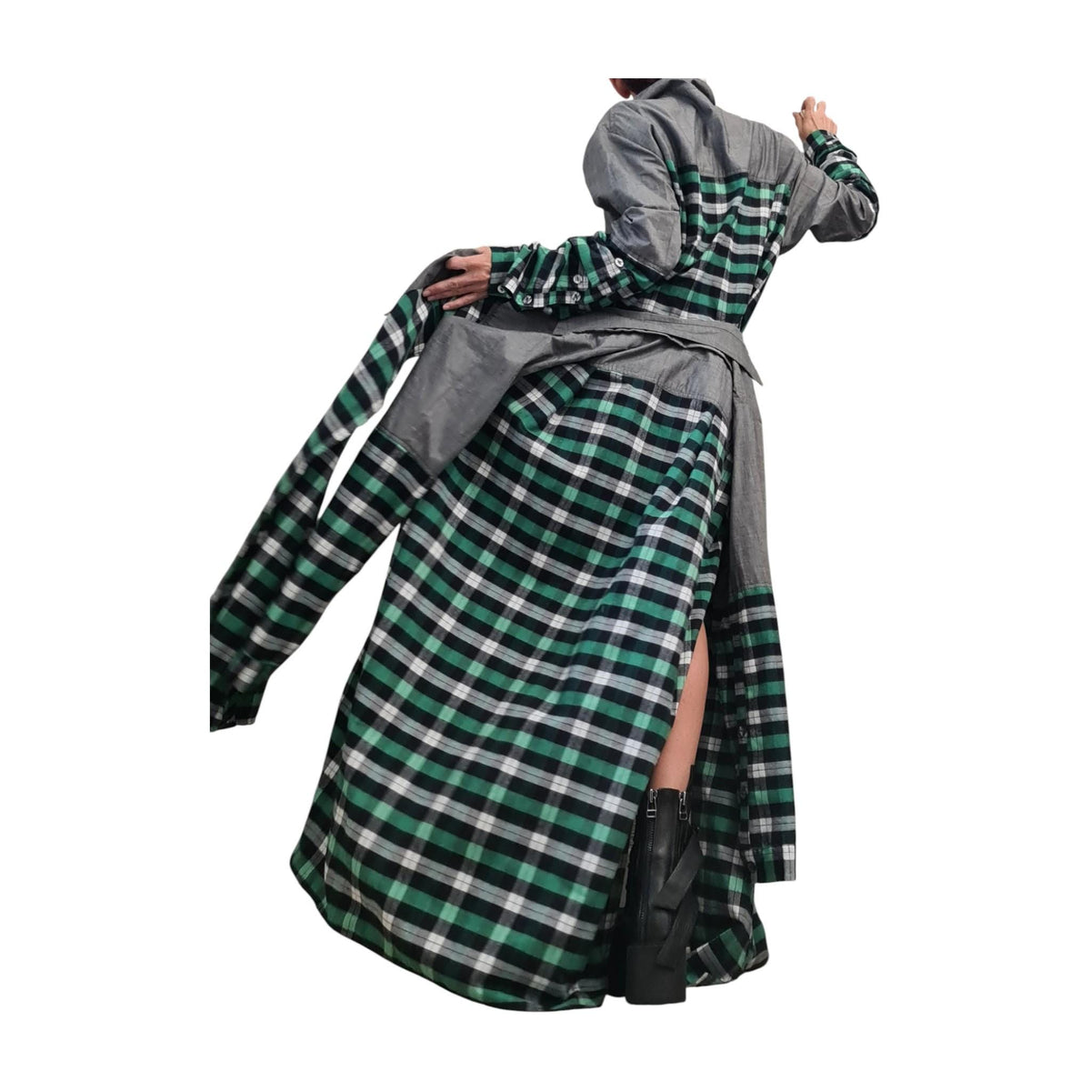 Green Plaid Shirt Dress for Women, Deconstructed Asymmetric Tunic, Oversize Avant Garde Handmade Clothing