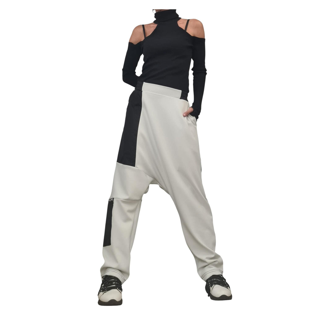 Black and White Trousers, Avant Garde Cotton Harem Pants, Drop Crotch Design
