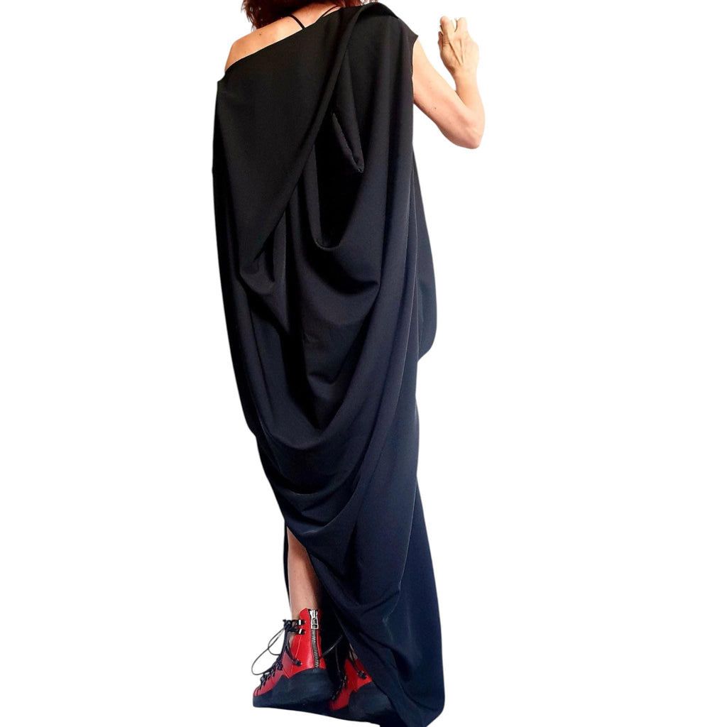 Black One Shoulder Maxi Dress, Avant Garde Draped Plus Size Clothing