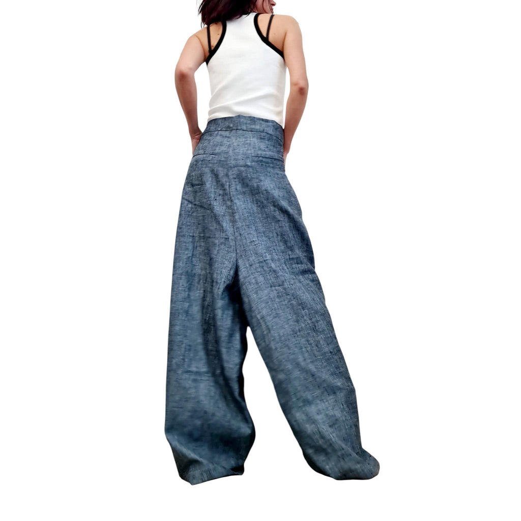 Denim Blue Linen Wide Leg Pants, Extra Loose Summer Trousers, Comfortable Everyday Wear