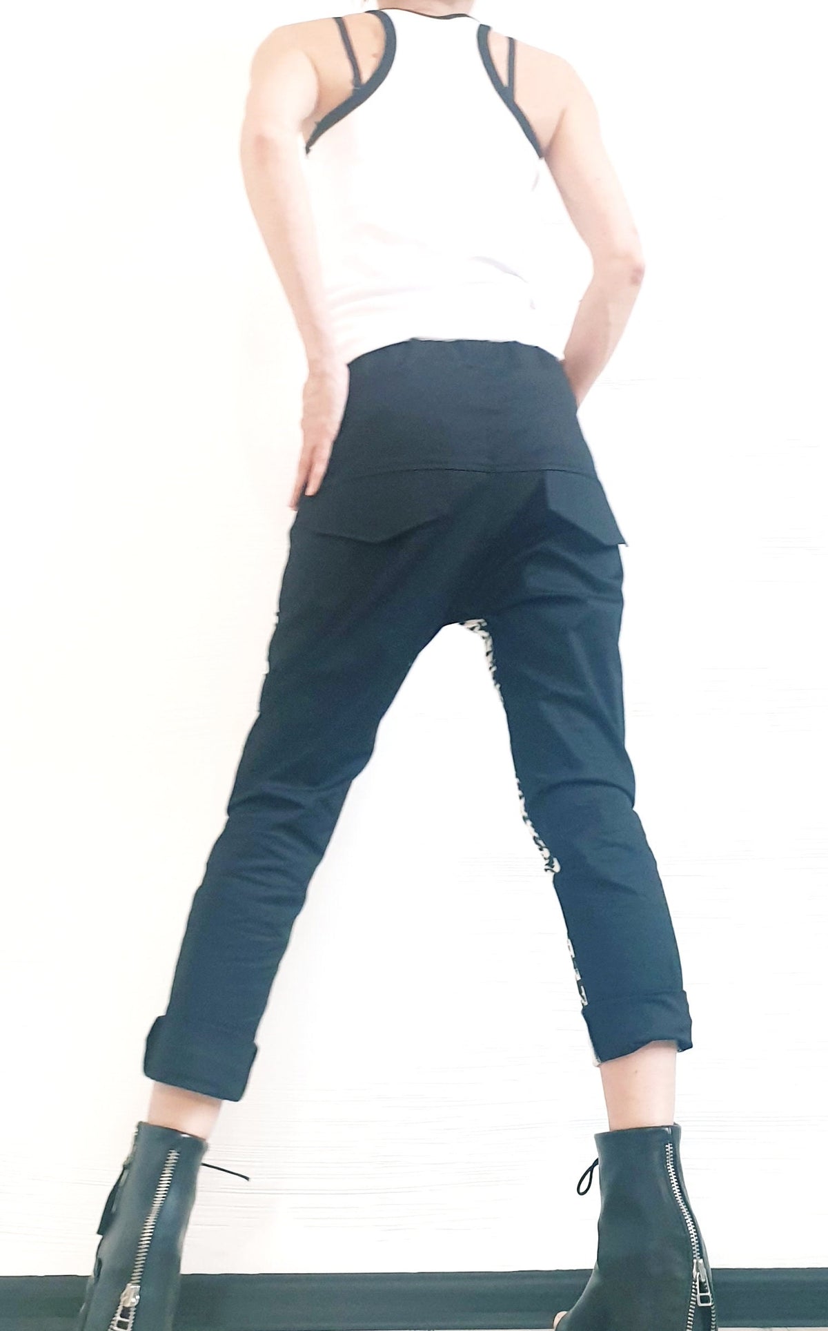 Houndstooth Panel Pants, Color Block, Slim Tapered Leg, Cotton Trousers