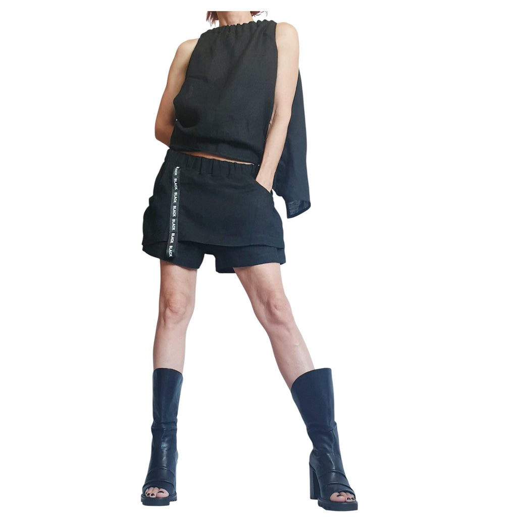 Black Linen Two Piece Set, Shorts Skirt and Open Back Top, Handmade Outfit