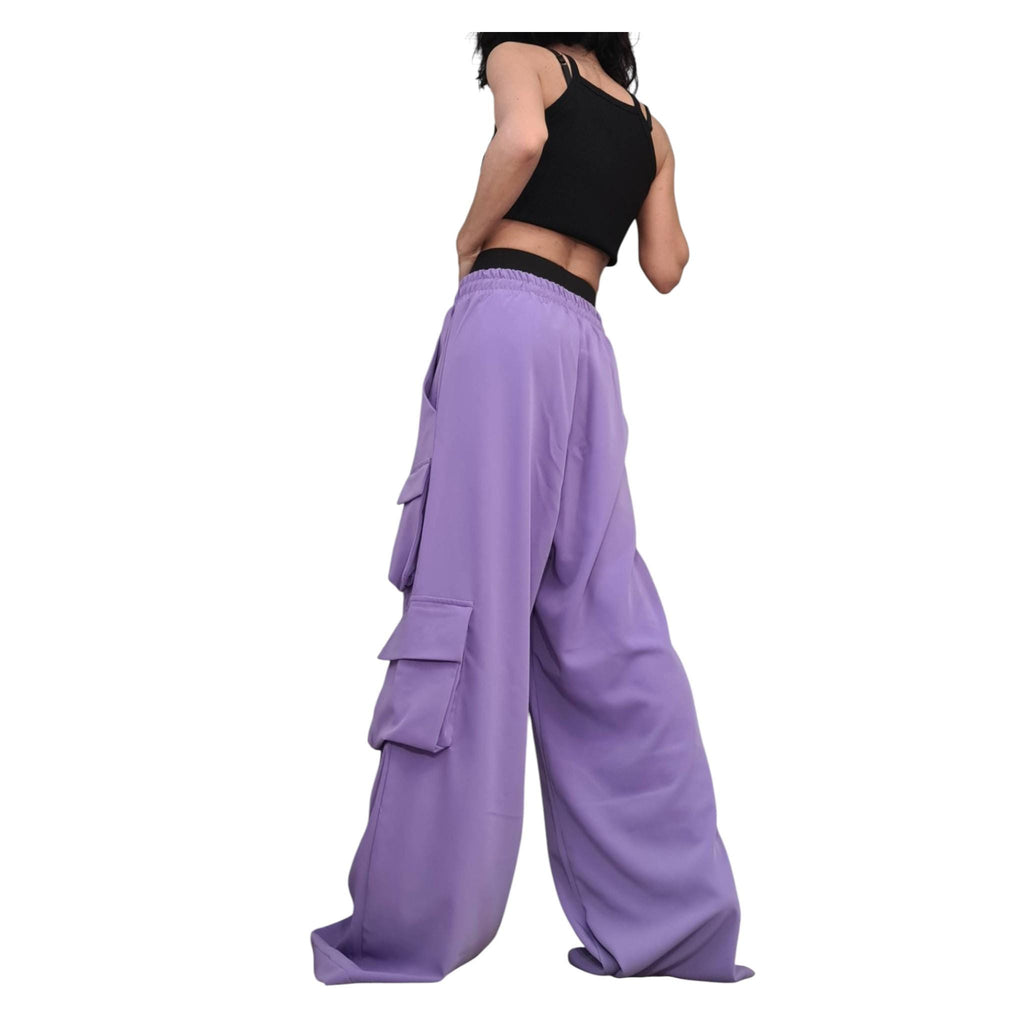 Lavender Cargo Pants, Wide Leg Drop Crotch Trousers, Double Waistband