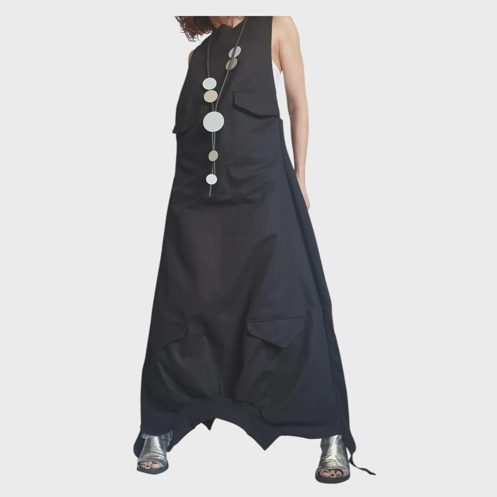 Blue Maxi Loose Dress, Pockets Asymmetric Kaftan, Sleeveless