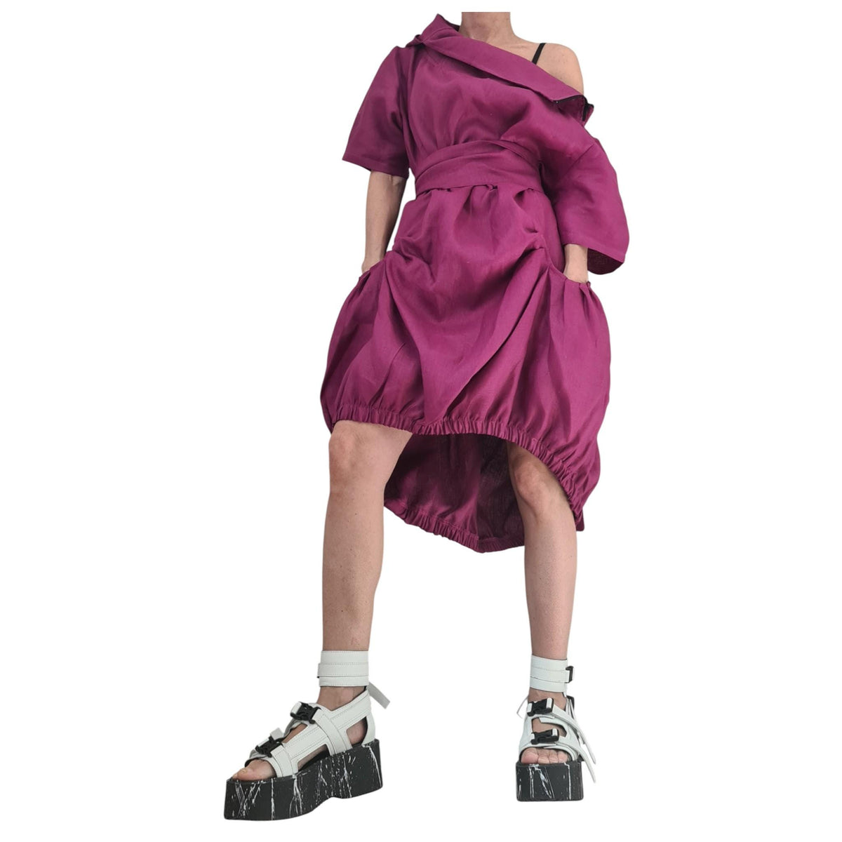 Plum Purple Linen Dress, Hooded Asymmetric Off Shoulder Dress, Oversized Short Sleeve