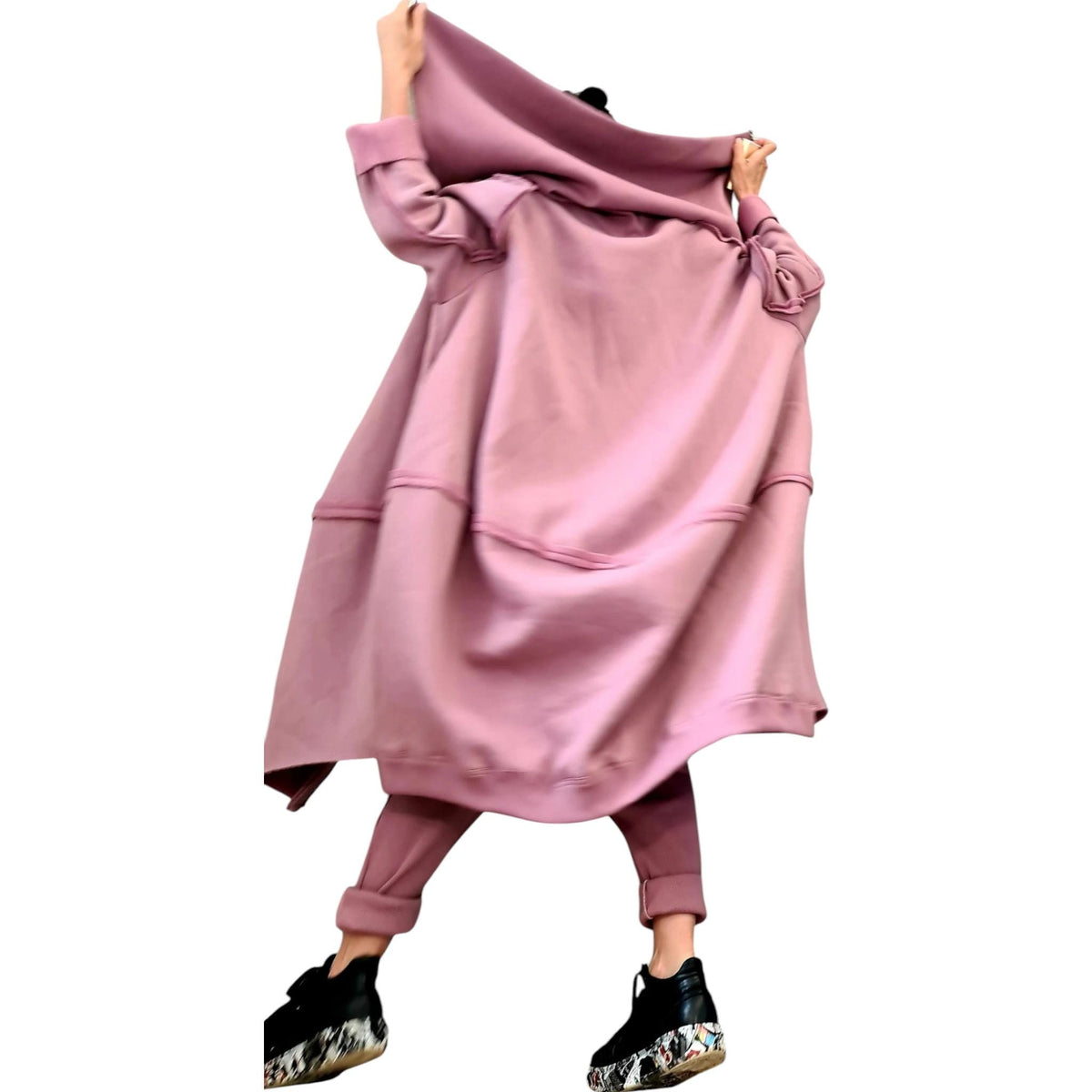Pink Oversized Zip Up Hoodie, Long Sweatshirt with Extra Large High Collar, Plus Size
