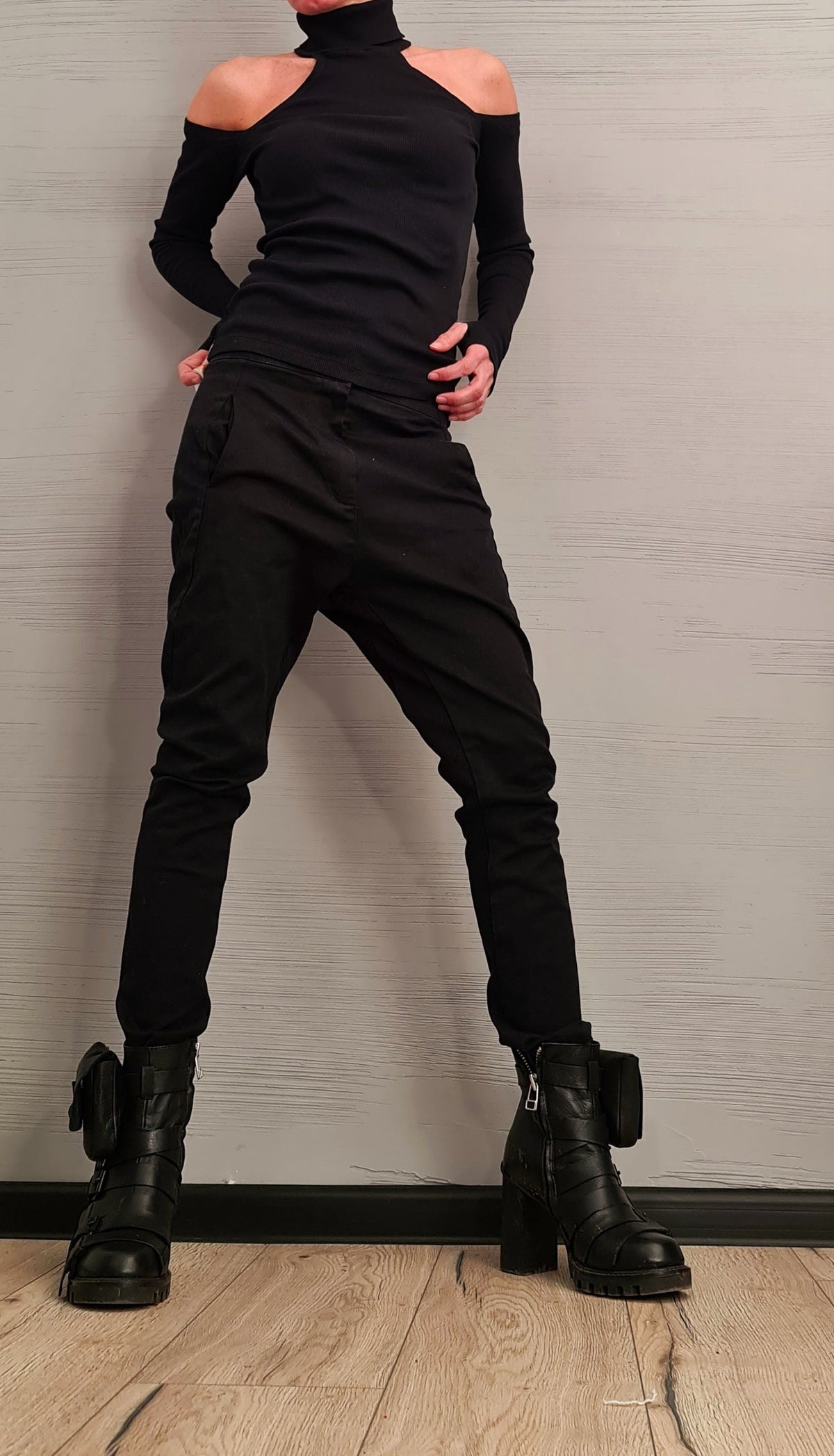 Black Cotton Turtle Neck Top | Open Shoulders, Thumb Holes | Avant Garde Women's Apparel