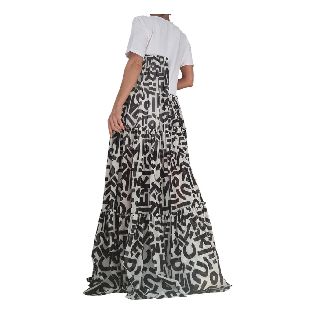 Black White Graphic Maxi Dress, Artistic Tiered T-Shirt, Handmade Summer Clothing