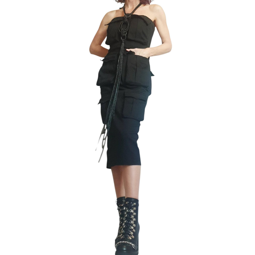 Black Denim Pocket Dress, Gothic Asymmetric Cocktail Fit, Extravagant Design