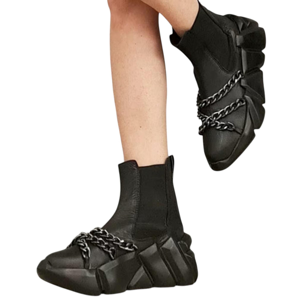Black Leather Sneakers, Gothic Platform Ankle Shoes, Handmade Women Footwear
