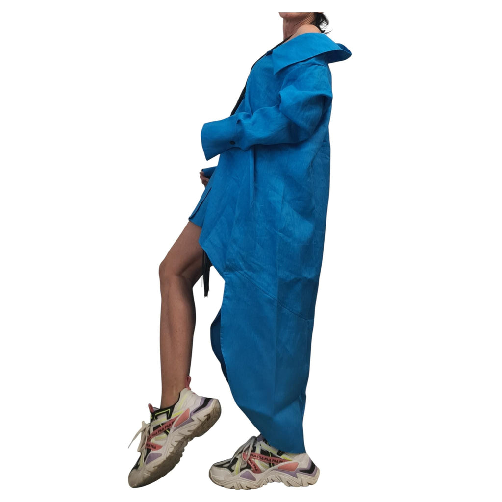 Turquoise Linen Shirt Tunic, High Low Beach Shirt Dress, Long Back Summer Top