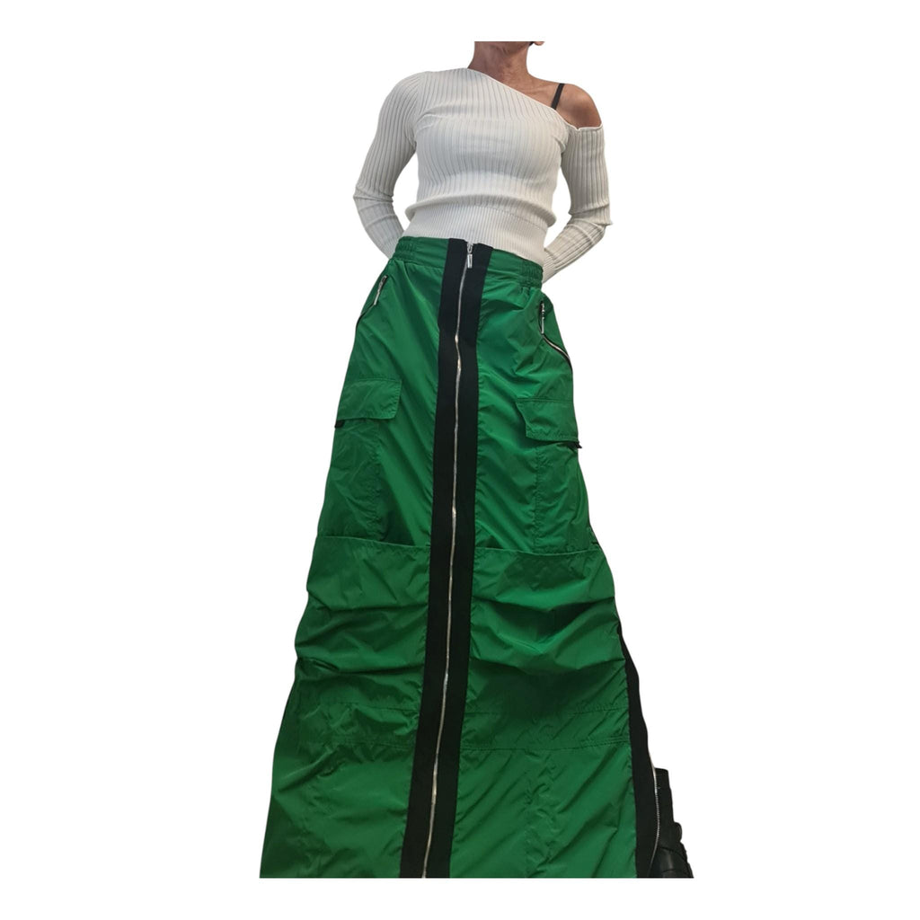 Green Cargo Maxi Skirt with Zippers, Oversized Streetwear Clothing, Techwear Style