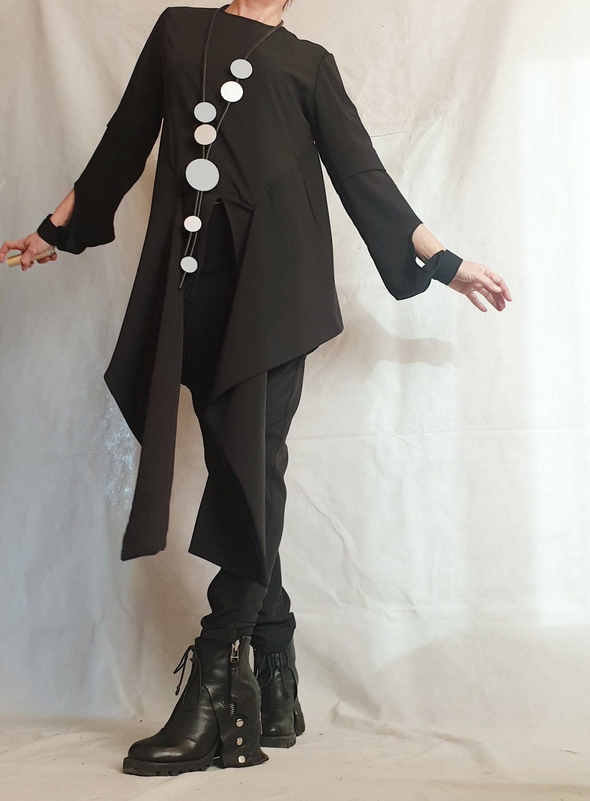 Black Tapered Pants, Asymmetrical Long Tunic, Layered Sleeves, Draped Panels, Two-Piece Co-Ord Set