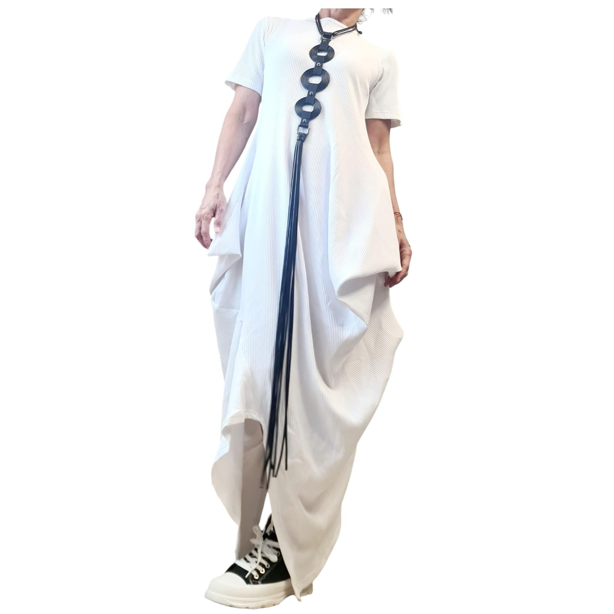 White Asymmetric Cotton Rib Maxi Dress, Avant Garde Loose Dress, Plus Size Clothing