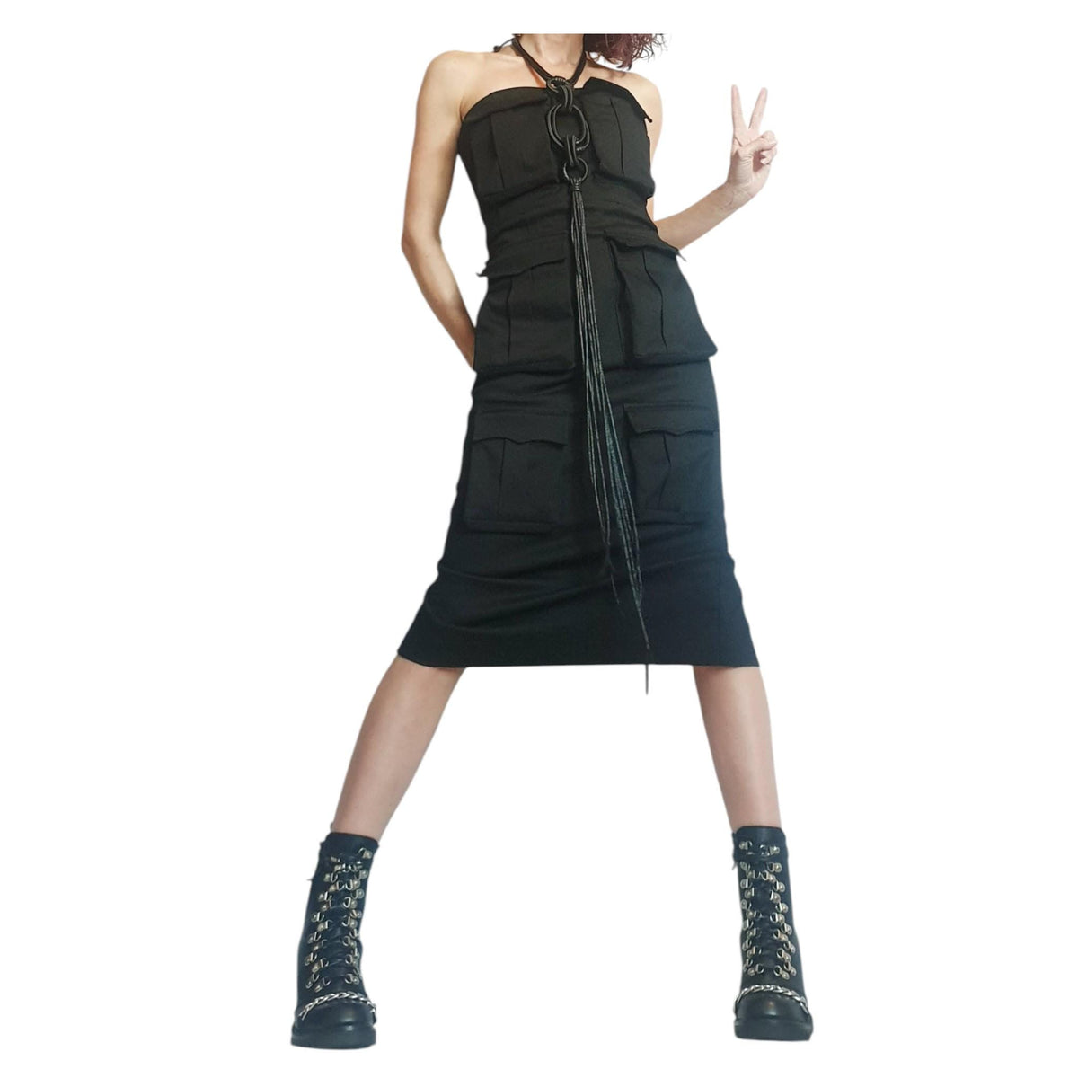 Black Denim Pocket Dress, Gothic Asymmetric Cocktail Fit, Extravagant Design