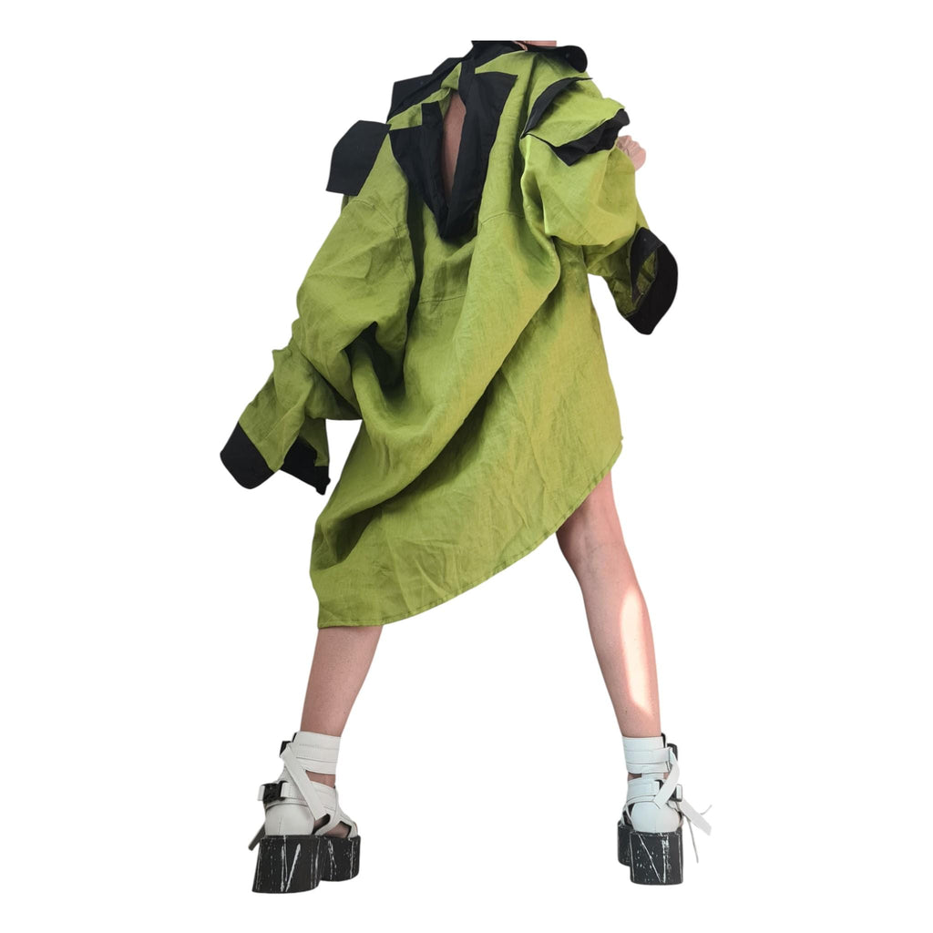 Pistachio Linen Asymmetric Tunic, Oversized Avant Garde Top, Open Back Collar Shirt, Cargo Pocket