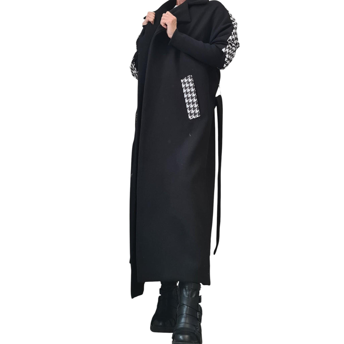 Black Asymmetric Wool Coat, Houndstooth Back Panel, Oversized Maxi Coat, Plus Size
