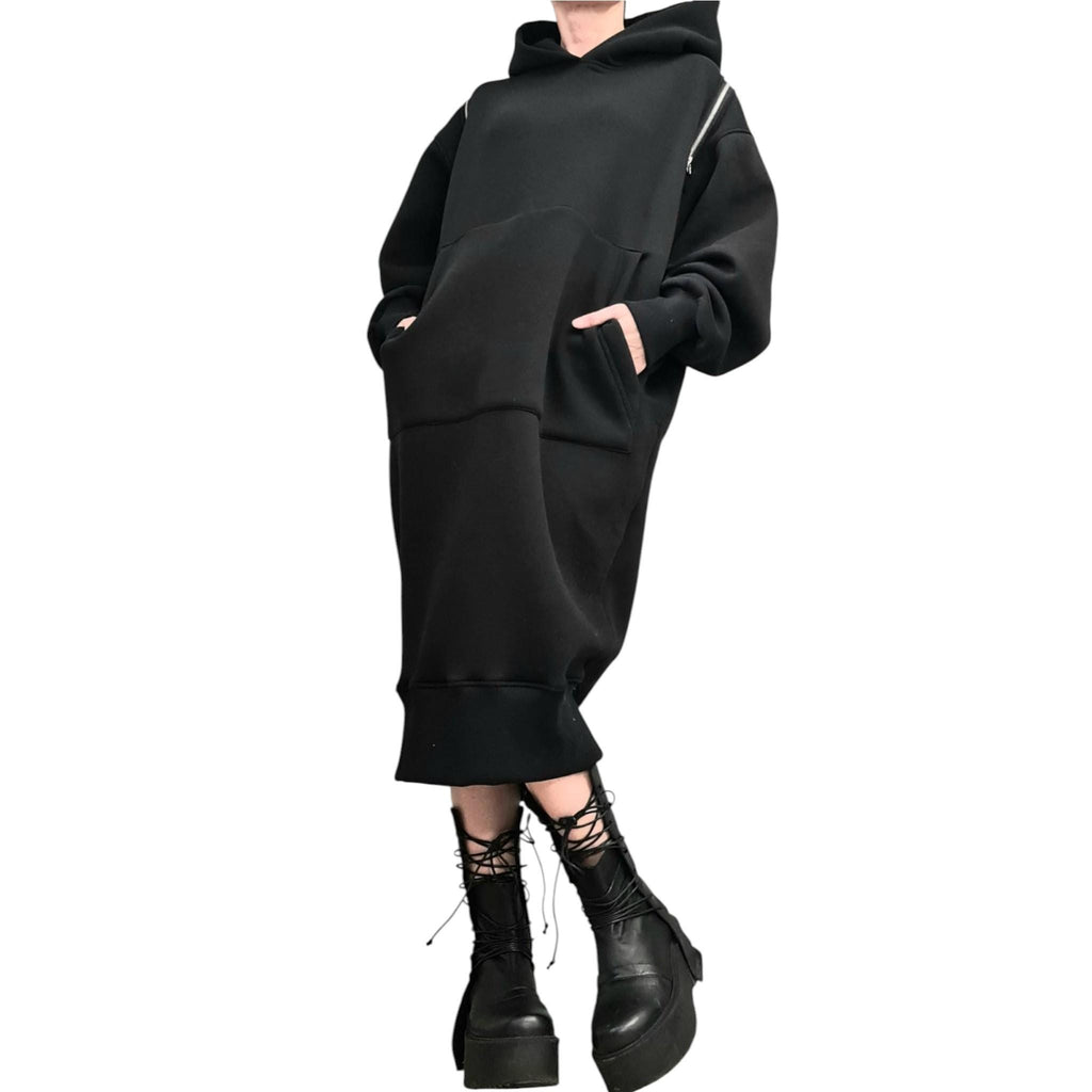 Black Hooded Sweatshirt Dress, Extravagant Plus Size Clothing