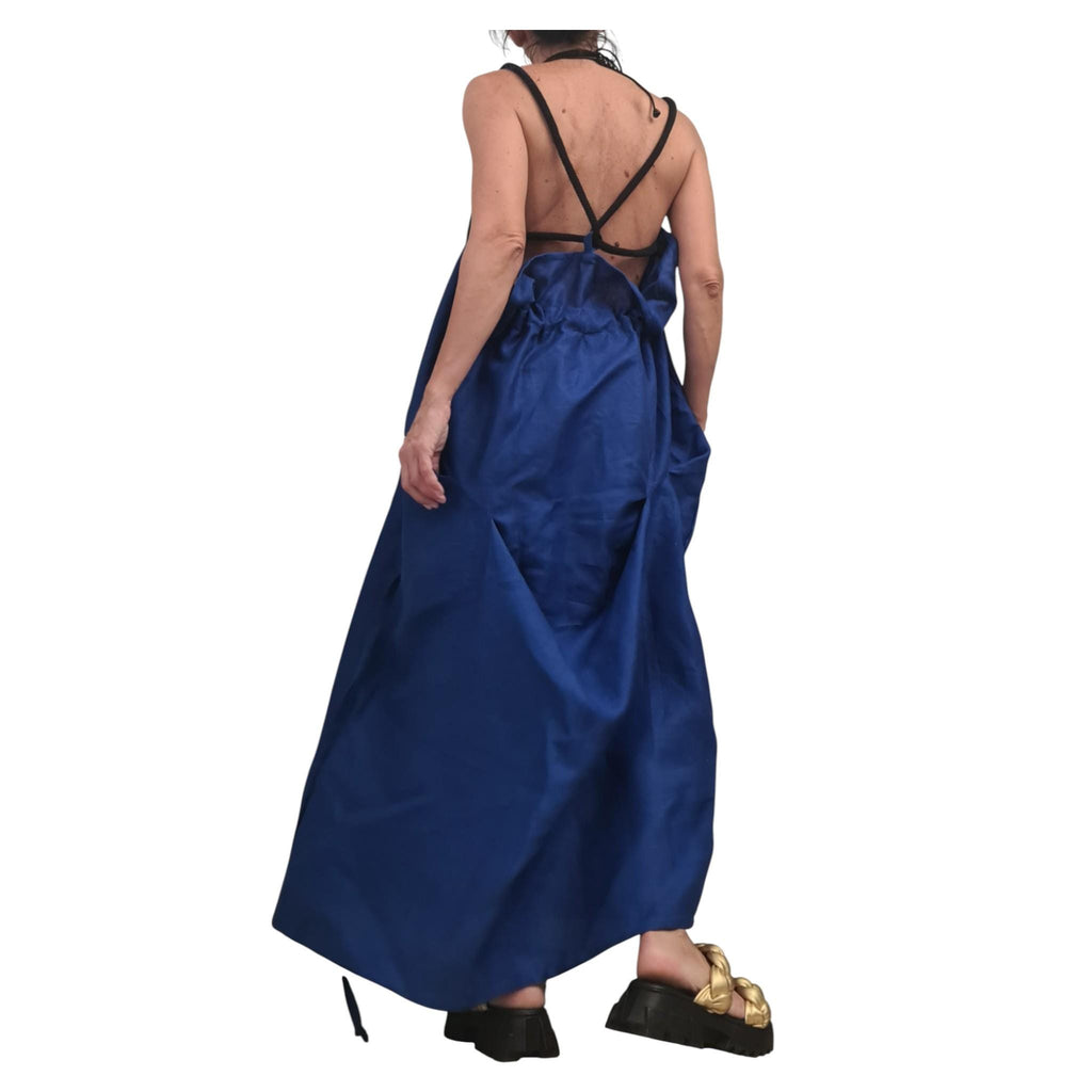 Royal Blue Linen Backless Dress with Adjustable Ties, Asymmetric Summer Maxi Tunic, Handmade Linen
