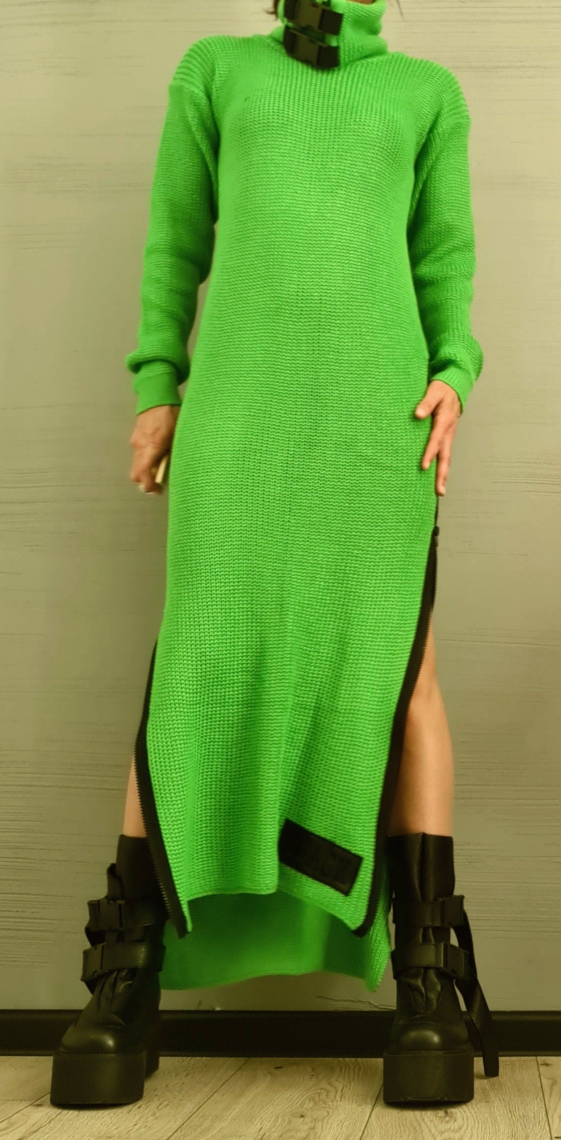 Green Lime Green Asymmetric Knitted Maxi Dress, Long Sleeves, High Turtleneck