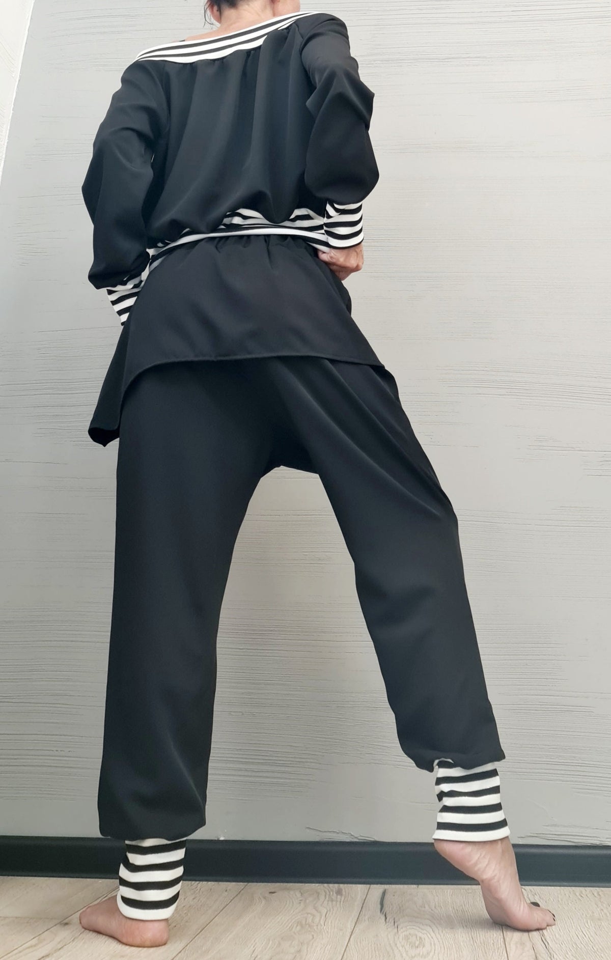 Black Tapered Harem Pants, Asymmetrical Skirt Overlay, Off Shoulder Blouse