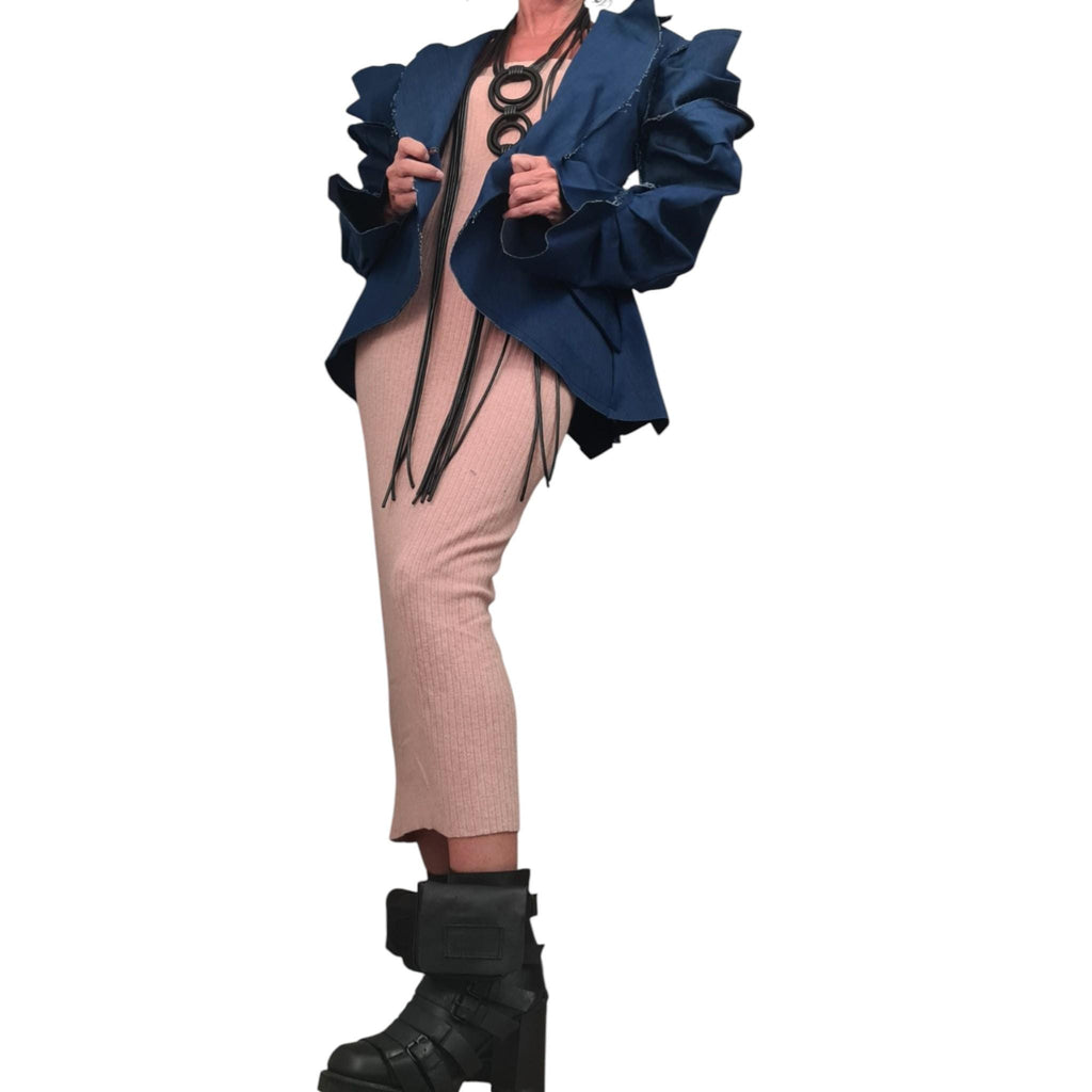 Avant Garde Deconstructed Denim Blazer, Futuristic Fitted Jacket