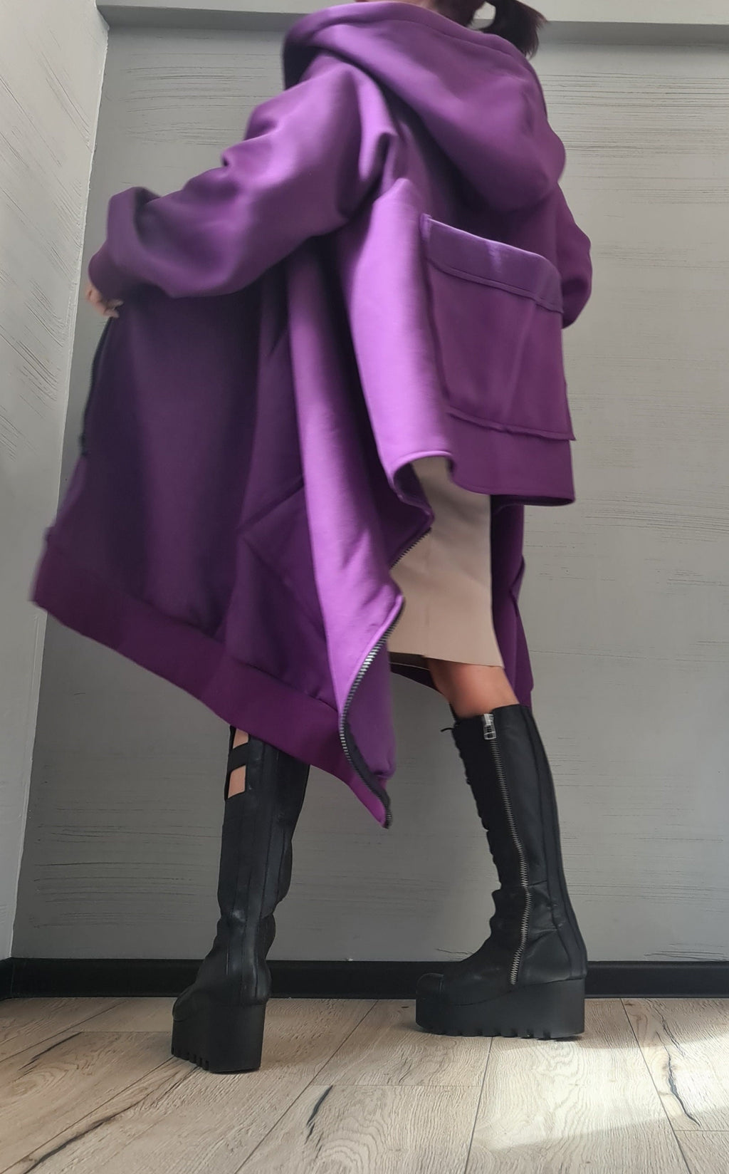 Purple Asymmetric Hooded Sweatshirt, Oversized Cotton Jacket, Longline Zip Up Hoodie