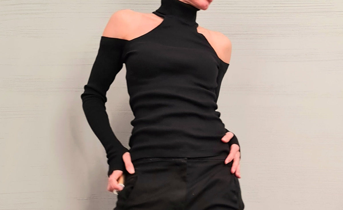 Black Cotton Turtle Neck Top | Open Shoulders, Thumb Holes | Avant Garde Women's Apparel