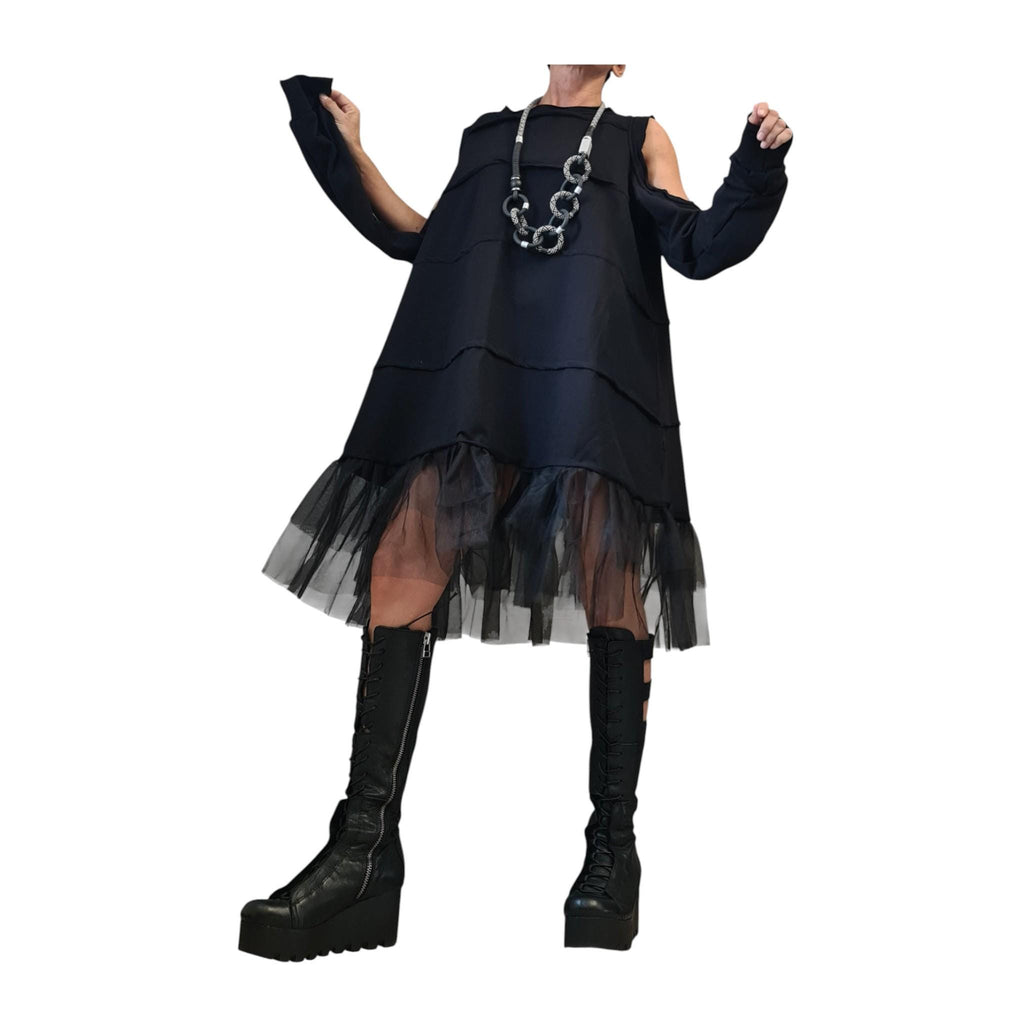 Gothic Tulle Dress, Black Deconstructed Oversize Tunic, With and without sleeve