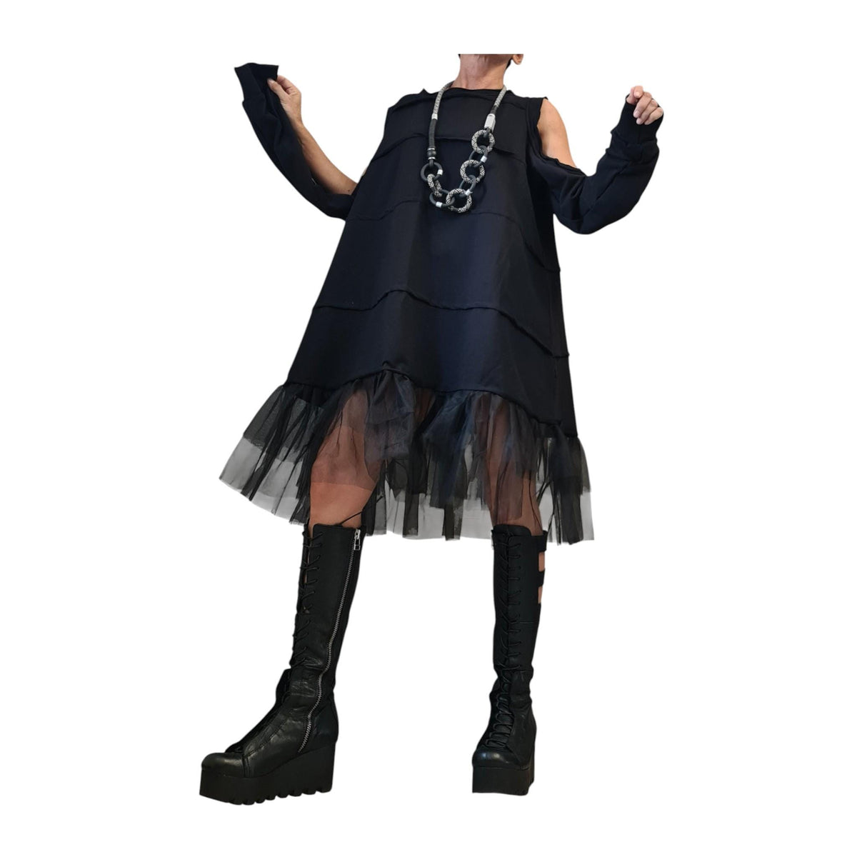 Gothic Tulle Dress, Black Deconstructed Oversize Tunic, With and without sleeve