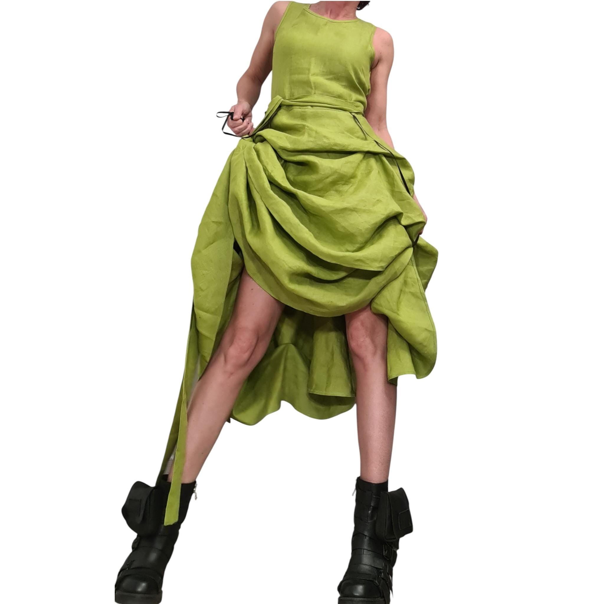 Yellow Linen Asymmetric Dress for Women, Sculptural Summer Dress, Avant garde Adjustable Volume Skirt