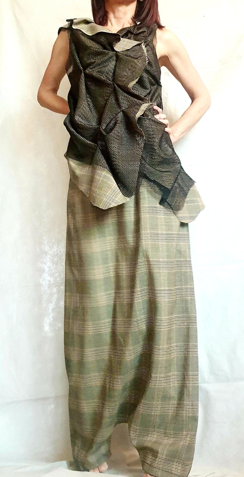 Plus Size Co-Ord Set, Plaid Harem Pants, Black Asymmetrical Vest with mesh